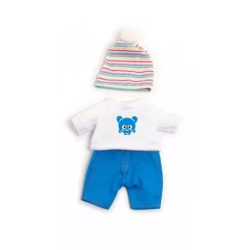Babaruha - kék nadrág, fehér pulóver,csíkos sapka, 21 cm-es babához